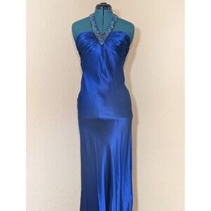 Cache Royal Blue 100% Silk Beaded Halter Neck Maxi Gown Dress Size 4 Y2K READ